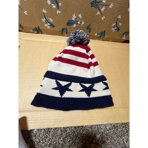Pugs American Flag Star Pom Pom Beanie Hat Women's Red‎ White Blue Winter Knit